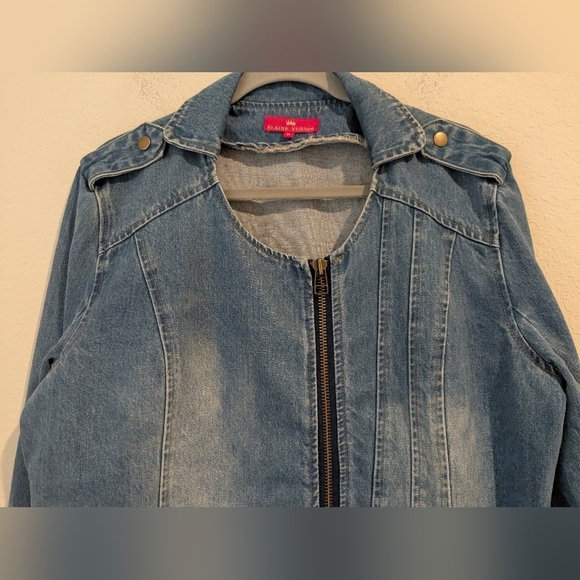 Elaine Turner Medium Wash Faded Asymmetric Full Zip Denim Jean Moto Jacket Biker - Picture 4 of 10